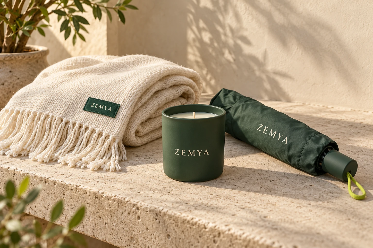 Plaid, kaars en paraplu met ZEMYA